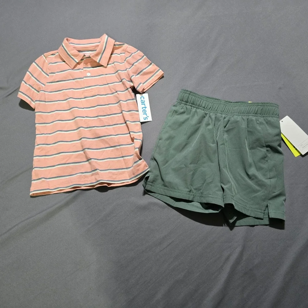 Carter's / All In Motion Polo Shorts Set Kids 4 Peach Green Striped NEW outfit